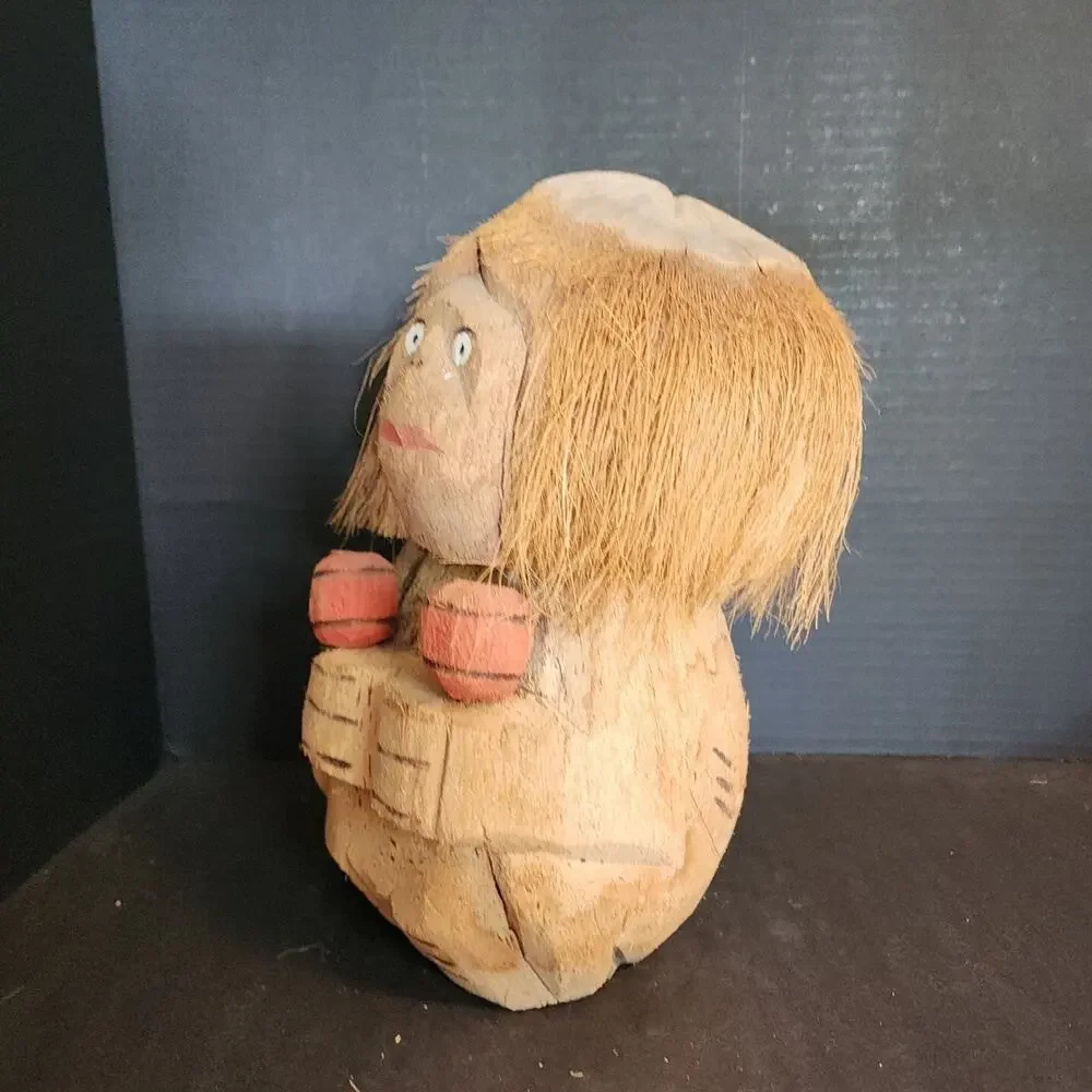 Vintage Carved Coconut, Figure Holding Maracas, Folk Art, Tiki Bar